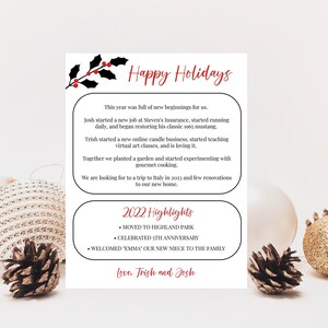 Plantilla de carta de Navidad, resumen del año, boletín de Navidad, actualización familiar, rama de acebo de bayas rojas, descarga instantánea editable PPC-19