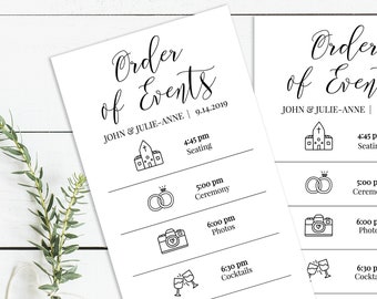 Wedding Order of Events Card, Printable Wedding Day Schedule, Ceremony Itinerary, Order of Service Printable Editable PPW0550 Grace