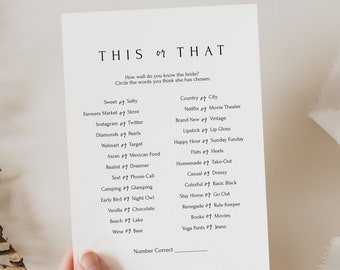 This or That, Bridal Shower Games | Would She Rather | Bachelorette Party | Wedding | Printable PDF | Instant Download | PPW552 FAYE