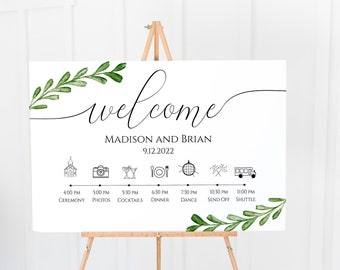 Greenery Wedding Day Welcome Timeline Sign, Printable Wedding Day Schedule, Reception Itinerary, Editable  PPW0560 -G