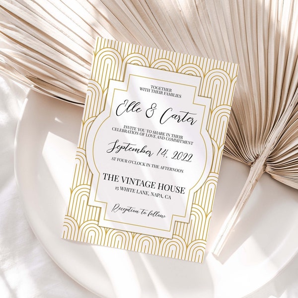 Art Deco Wedding Invitation Template, Modern Art Deco Wedding Invite, Gold Gatsby Invitation DIY Editable PPW1920 BETTY