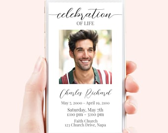 Memorial Invite, Electronic Celebration of Life Announcement, Funeral Evite, Email, Text Message,  Editable Corjl Template PPF16 MAE