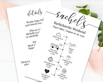 Bachelorette Weekend Timeline, Bridal Weekend Printable, Bachelorette Party Details Card, Hens Invitation PPW0550 Grace