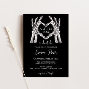 Little Boo Is Almost Due InvitationTemplate, Halloween Baby Shower, Gothic, Skeleton ThemePPW750 AGATHA