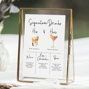 Watercolor Cocktail Sign, Signature Drinks, His and Her Drinks, Wedding Printable Template, Editable Sign PPW508