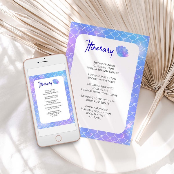 Mermaid Itinerary Template, Purple Details Card, Blue Schedule, Wedding Event Printable PPW920 ARIEL