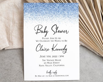 Glitter Baby Shower Invite, Shower Invitation, Blue, Glitter, Glam, Editable Template, Corjl PPW90 PPW92