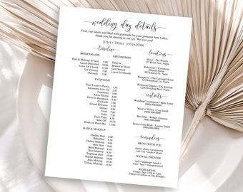 Wedding Party Timeline Template, Printable Wedding Day Schedule, Groomsmen Itinerary, Bridesmaid Agenda, Wedding Party Handout PPW551 ELLE