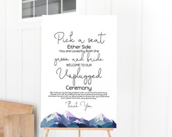 Wedding Unplugged Wedding Sign Template, Welcome Pick a Seat Sign, Winter Mountain Range, Printable Template, Corjl ANDES PPW420