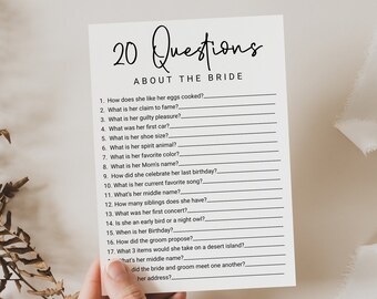 Minimalist Bridal Shower Game Template, Editable 20 Questions All About The Bride, Modern Printable, Bachelorette Party, Wedding PPW554 EZRA