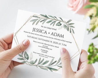 Greenery Virtual Wedding Invitation, Virtual Invitation Invite, Zoom Ceremony Announcement Editable Template VIDERE-N4 CEDAR