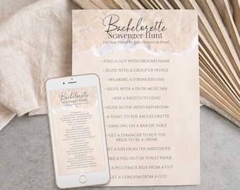 Beach Bachelorette Scavenger Hunt Template, Bachelorette Party, Printable and Text Message Format, Blush, 100% Editable, Corjl PPW20 BREE