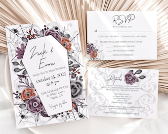 Gothic Floral Wedding Invitation Suite Template, Details, Reply Card, Halloween Wedding, Coffin, Spider Web Theme Wedding PPW751 BLAIR