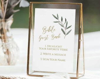 Greenery Bridal Shower Bible Guest Book Sign Template, Gold Guest Book Sign, Shower Printable, Editable Wedding Printable, Corjl PPW800