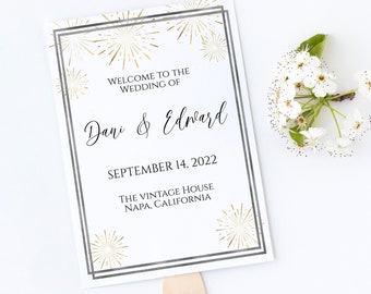 Silver and Gold Frame Wedding Fan Program , Wedding Order of Events, Ceremony Program Wedding Party Editable  PPW-NY21