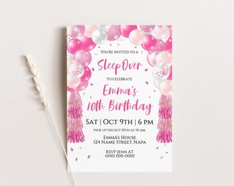 Pink Sleep Over Birthday Party Invitation Template, Pink Balloons Invite, Printable Invitation, Children's Invite, Template PPK100