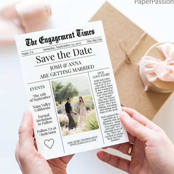 Newspaper Save the Date, Traditional Post, Editable Invite, Template, Newspaper, Wedding Announcement Corjl, Instant Download  NEWS2