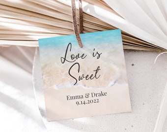 Beach Love is Sweet Tag Template, Tropical Wedding, Ocean Wave, Blush, Blue Printable 100% Editable PPW20 BREE