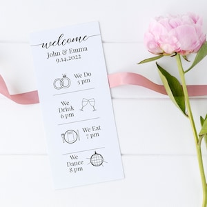 Programa de casamento, linha do tempo, ordem de eventos, caligrafia elegante, ícones de casamento, fazemos modelo 100% editável, Corjl PPW16 MAE