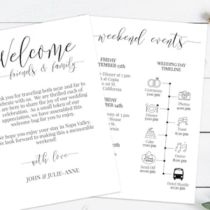 Tarjeta de bienvenida de boda, línea de tiempo imprimible fuera de la ciudad, horario del día de la boda, itinerario, bolsa de bienvenida 100% editable PPW0550 Grace