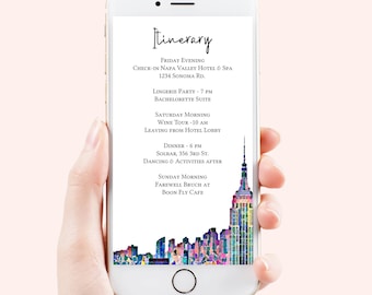 New York City Skyline Itinerary , Pink Electronic Template, NYC Evite, Hen Party, Bridal Shower, Details, Itinerary PPW42 PARK