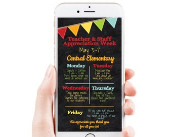 Teacher Appreciation Week Itinerary, Daily Schedule Events, Virtual Electronic, Email or Text Format, Personalized Editable Template TAW100