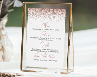 Bar Drink Menu, Wedding, Bridal Shower, Table Top Sign, Rose Gold Glitter, Bar Menu Corjl PPW90 PPW92