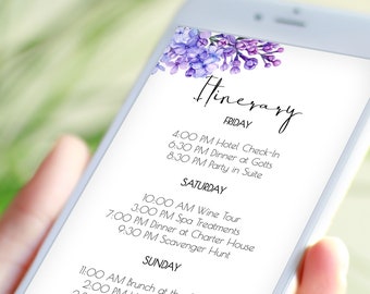 Lilac Itinerary, Bachelorette, Wedding, Family Reunion, Electronic Schedule, Email Itinerary, Editable Text, 100% Editable PPW2021LPB SHAE