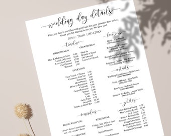 Printable Wedding Day Timeline, Wedding Schedule, Groomsmen Itinerary, Bridesmaid Agenda, Wedding Party Template PPW551 ELLE