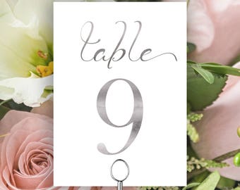 Table Numbers, Silver Wedding Table Numbers Printable, Classic Wedding, Table Number Cards, Instant Download PDF, 110S