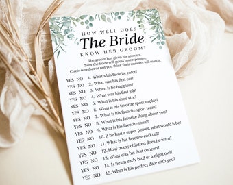 Eucalyptus Bridal Shower Game How Well Does the Bride Know Her Groom |  Printable Template | Bridal Shower | Wedding PPW0440