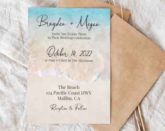 Beach Wedding Invitation Template, Tropical Wedding, Ocean Wave, Blush, Blue Printable 100% Editable PPW20 BREE