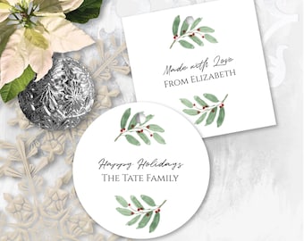 Personalized Christmas Greenery Berry Gift Tag, Printable Holiday Label, Round and Square Gift Tag Template Label, Corjl PPC-19