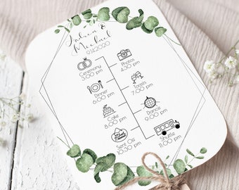 Silver Frame Greenery Fan Program Timeline, Wedding Order of Events, Ceremony Program 100% Editable PPW0445