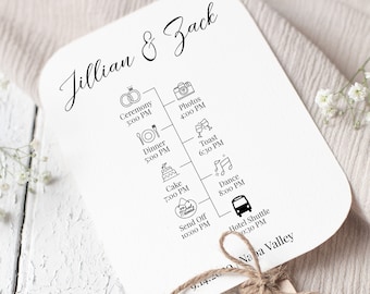 Wedding Fan Program, Timeline, Order of Events,  Elegant Calligraphy, Wedding Icons, 100% Editable Template, Corjl PPW16 MAE