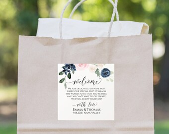 Out of Town Guest Welcome Label, Pink and Blue Floral Favor Tag,  Sticker, Label, Tag Template, Welcome Bag 100% Editable PPW265 OLEA