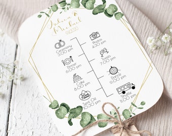 Gold Frame Greenery Fan Program Timeline, Wedding Order of Events, Ceremony Program 100% Editable PPW0445