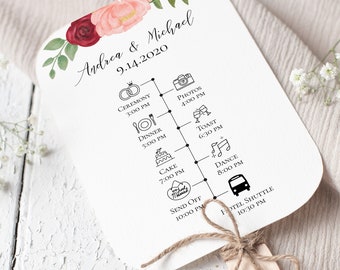 Wedding Fan Timeline and Program, Floral Design, Pink Red Flower, Instant Download Printable Editable PPW0230