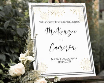 Gold and Silver Wedding Welcome Sign, Wedding Sign, Ceremony Display, Easel Sign, Gold Sunburst Fireworks Template Editable Corjl PPW-NY21