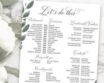 Wedding Party Timeline, Greenery Printable Wedding Day Schedule, Groomsmen Itinerary, Bridesmaid Agenda 100% Editable, Corjl  2021 JILLIAN
