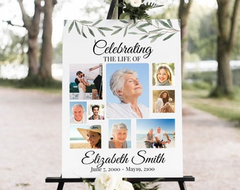 Greenery Memorial Welcome Sign, Celebration of Life, Funeral Sign, Editable Corjl Template CL800