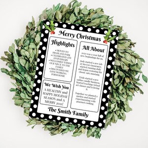 Plantilla de carta navideña, resumen del año, boletín informativo navideño, actualización familiar, lunares, acebo 100% editable NOEL-N3 PPC-19