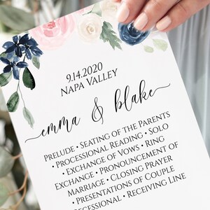 Wedding Ceremony Program Template, Pink and Blue Floral Program, Printable, Personalized, 100% Editable PPW265 OLEA image 1