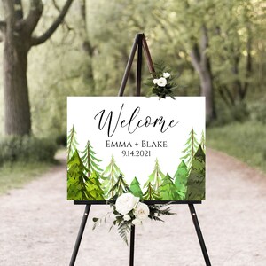 Wedding Welcome Sign Template, Pine Tree Forest Design, Easel Welcome Display Sign, Editable Template, Corjl LINDEN PPW410 image 1