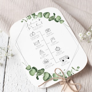 Linha do tempo do programa Silver Frame Greenery Fan, ordem de eventos de casamento, programa de cerimônia 100% editável PPW0445