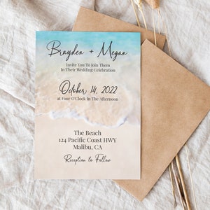 Beach Wedding Invitation Template, Tropical Wedding, Ocean Wave, Blush, Blue Printable 100% Editable PPW20 BREE