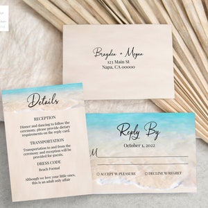 Plantilla de recintos de invitación de boda en la playa, tarjeta de respuesta, tarjeta de detalles, boda tropical, ola oceánica, imprimible editable PPW20 BREE