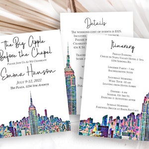 Plantilla de invitación para despedida de soltera de la Gran Manzana, diseño artístico de Nueva York, tarjeta de detalles e itinerario, despedida de soltera y despedida de soltera PPW42 PARK