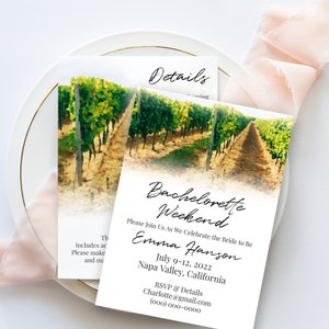 Napa Valley Vineyard Thème Bachelorette Party Invitation et Modèle de détails, Invitation de fête de poule, Douche nuptiale, Modèle modifiable PPW22 BRIX