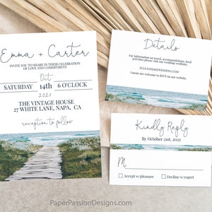 Beach Wedding Invitation Suite Template, Ocean Invite, Details and Reply Card, Wedding Editable Printable PPW18 HAMPTON